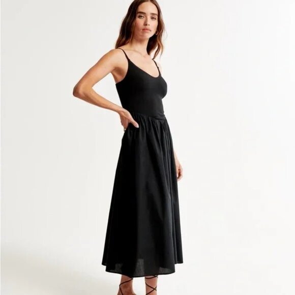 Abercrombie & Fitch L Black Drop Waist Midi Dress Sleeveless Poplin Ribbed Knit - Picture 1 of 10